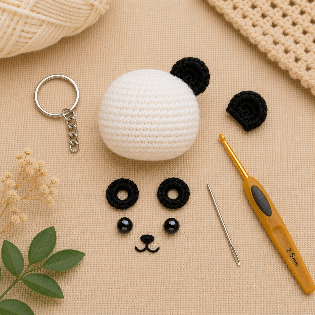 Crochet panda keychain ears eye patches and face pieces