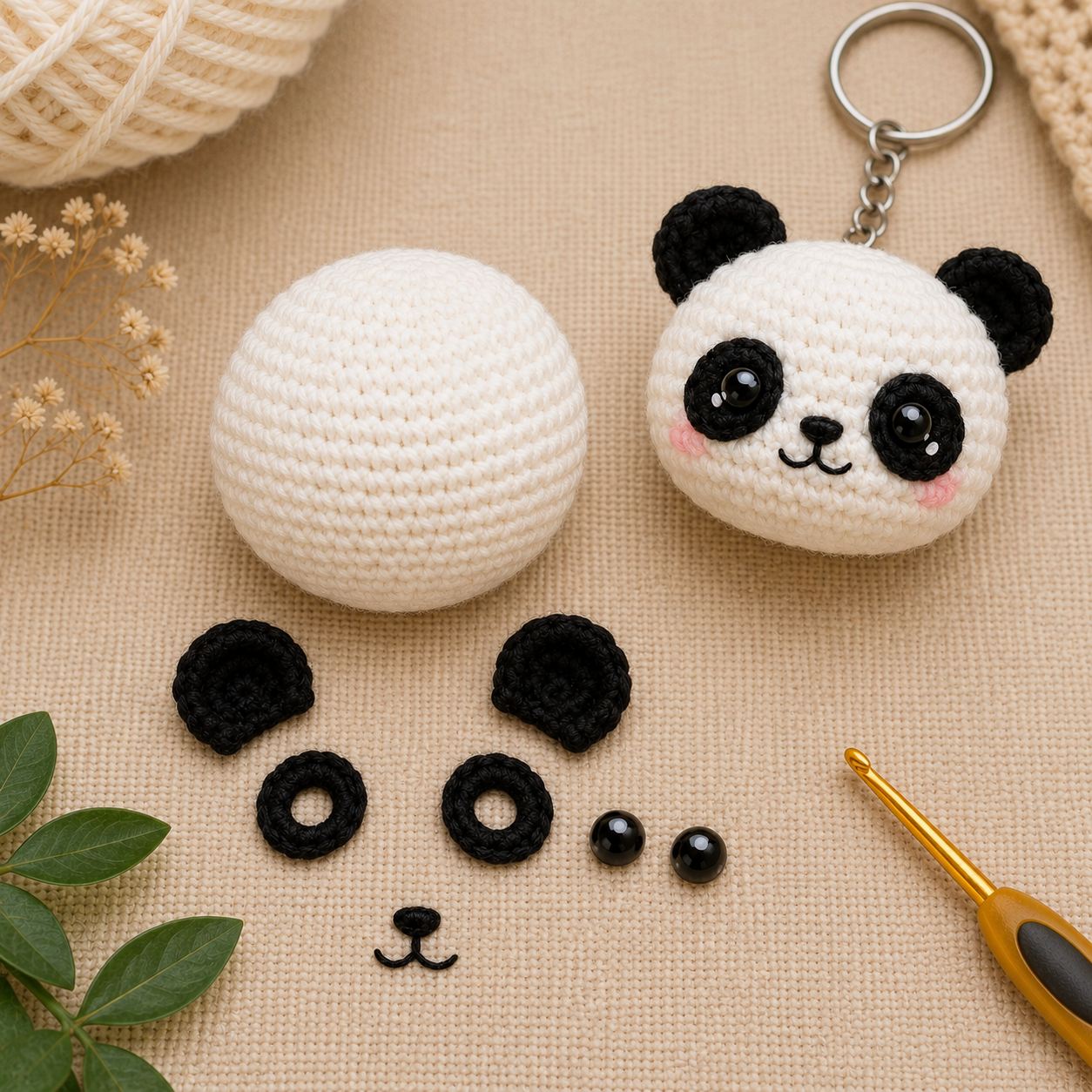 Panda crochet keychain pieces ready for assembly