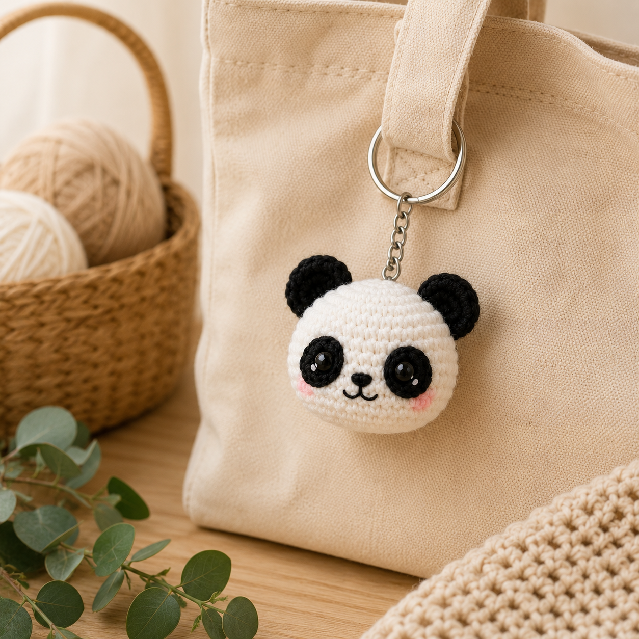 Panda crochet keychain used as a handmade bag charm