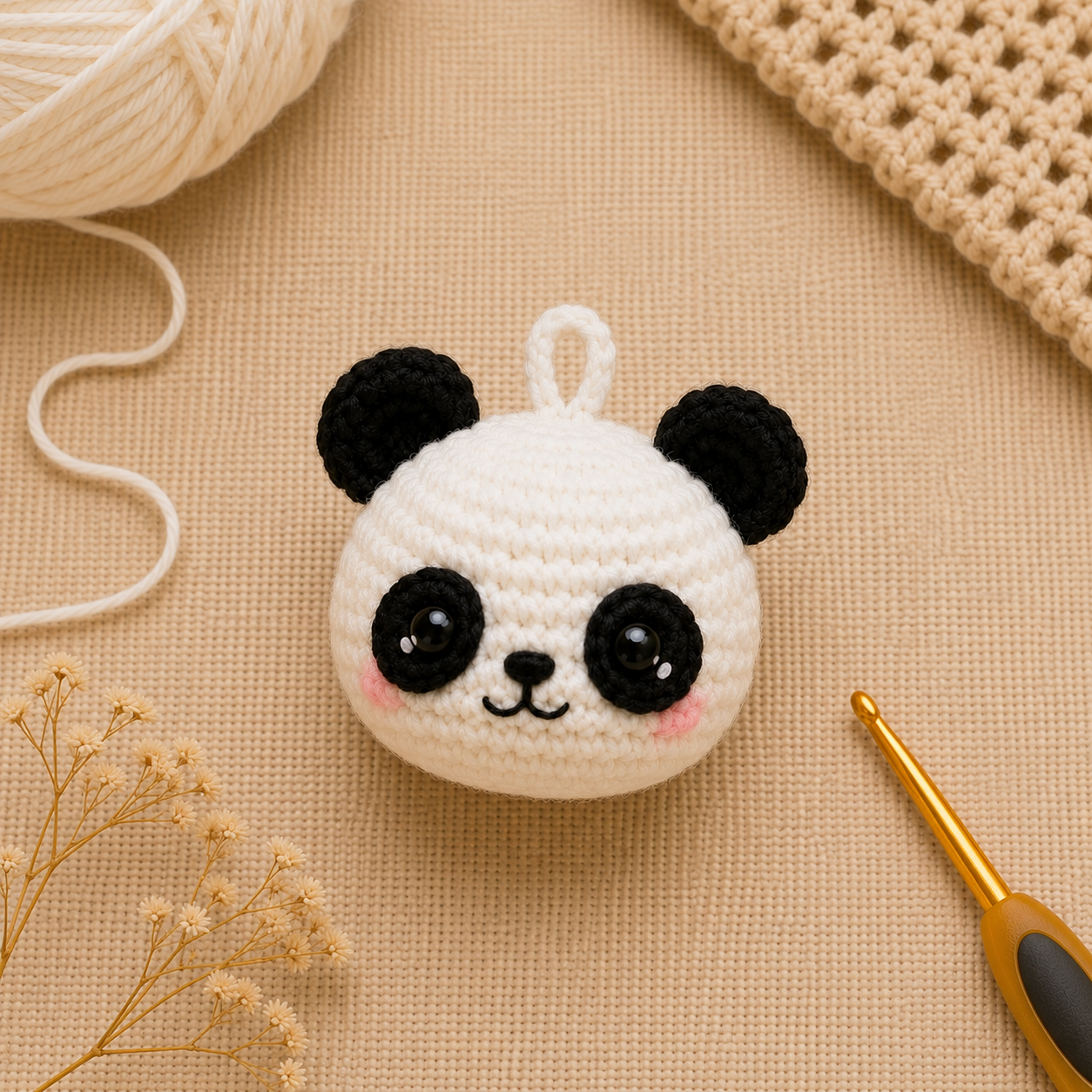 Reinforced crochet hanging loop for panda keychain