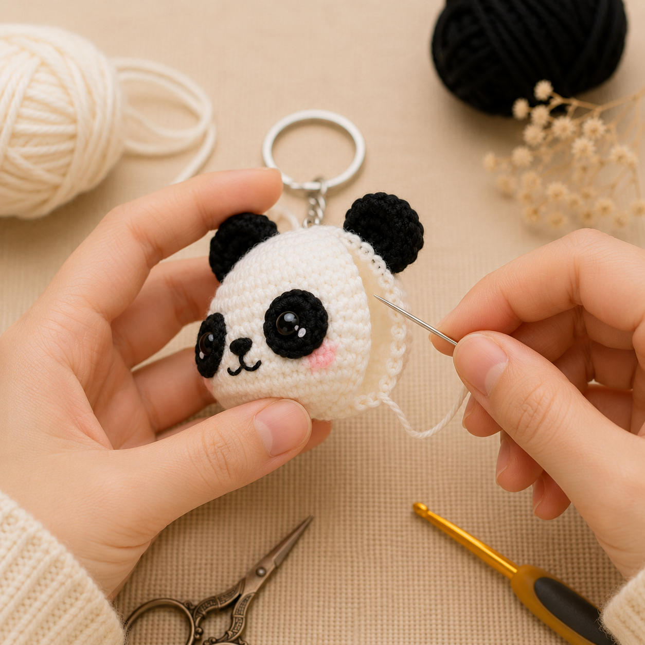 Joining the front and back of a crochet panda keychain