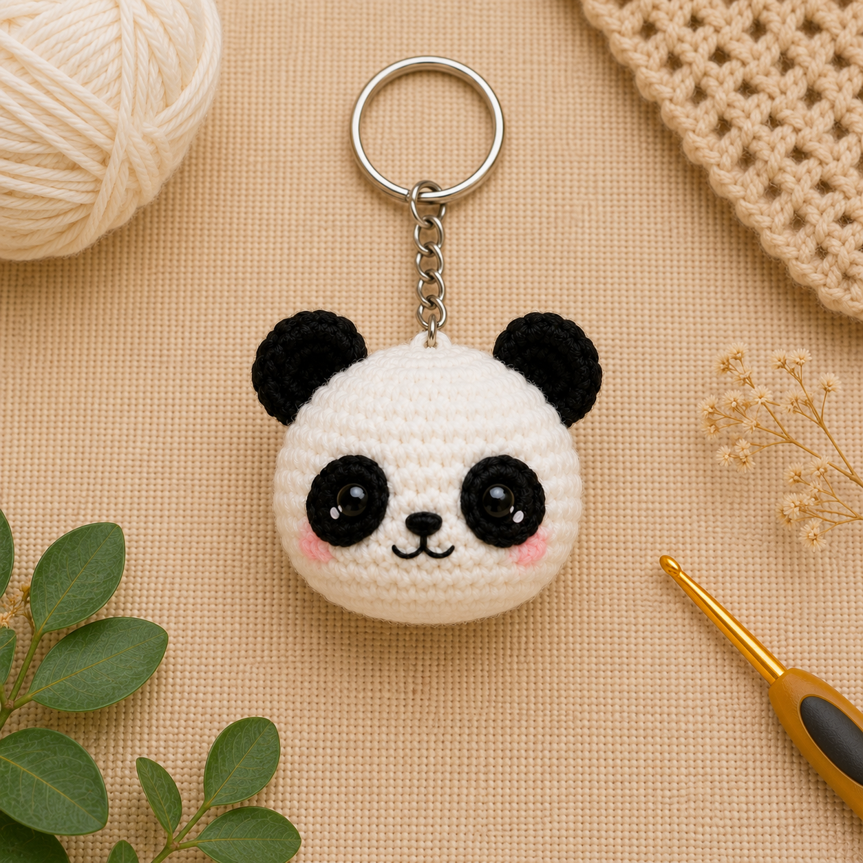Stuffing a crochet panda keychain before closing