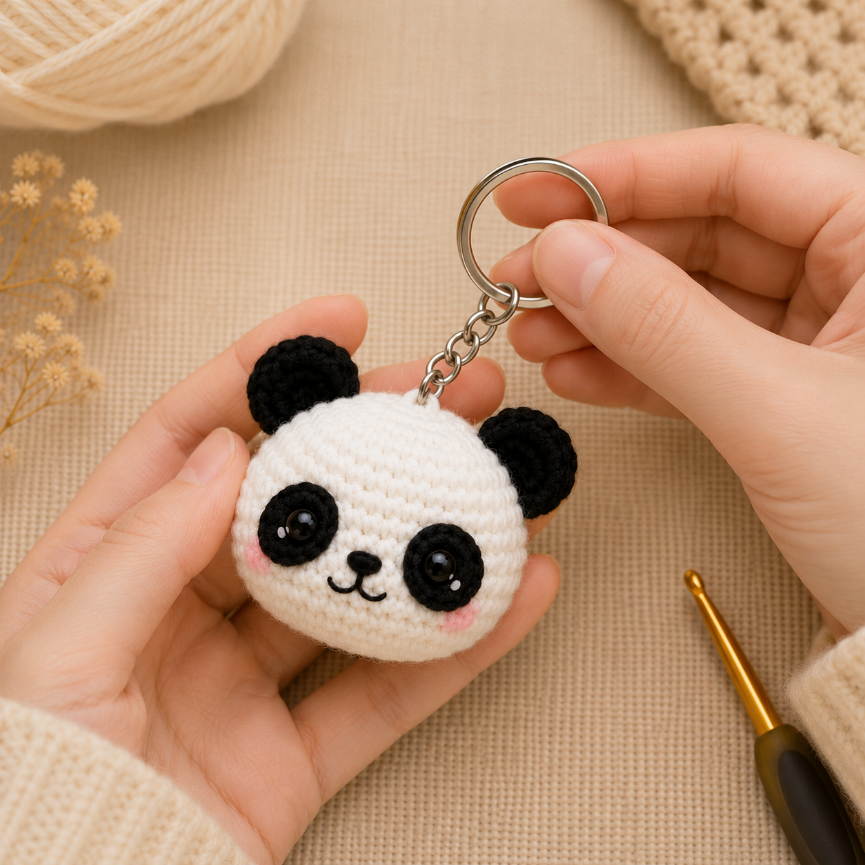 Attaching a metal keyring to a crochet panda keychain