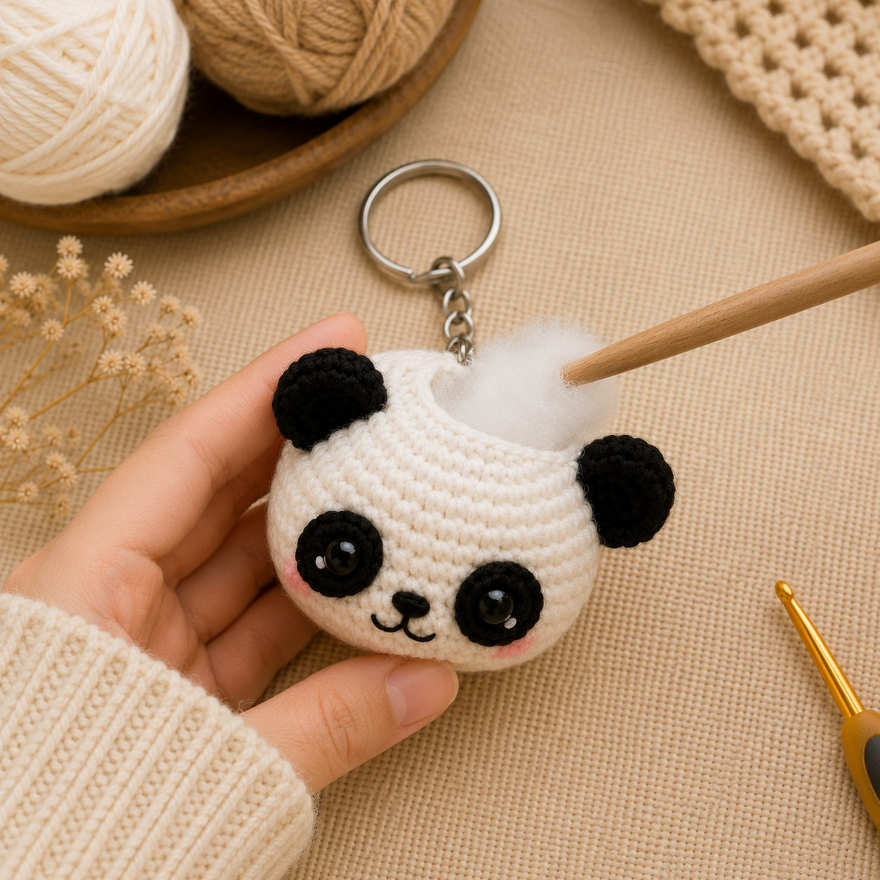 Finished panda crochet keychain front view