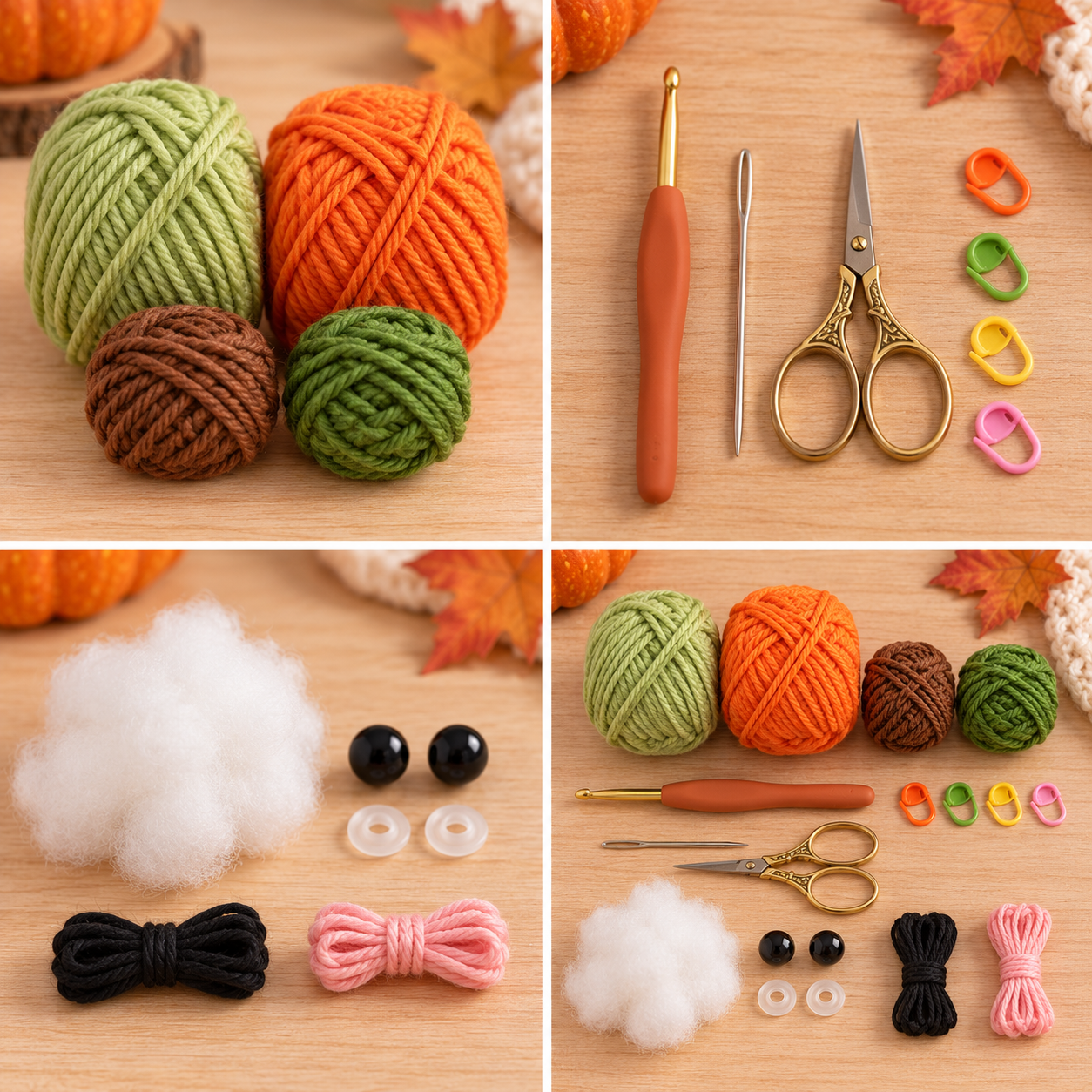 Yarn, stuffing, safety eyes, hook and tools for the pumpkin frog crochet pattern