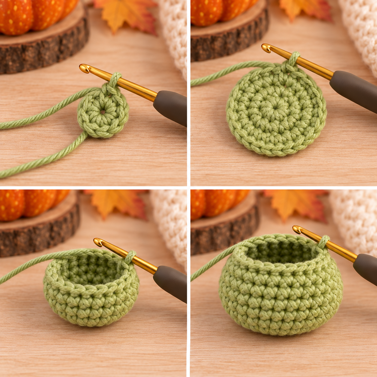 Crocheting the green frog body base in continuous rounds