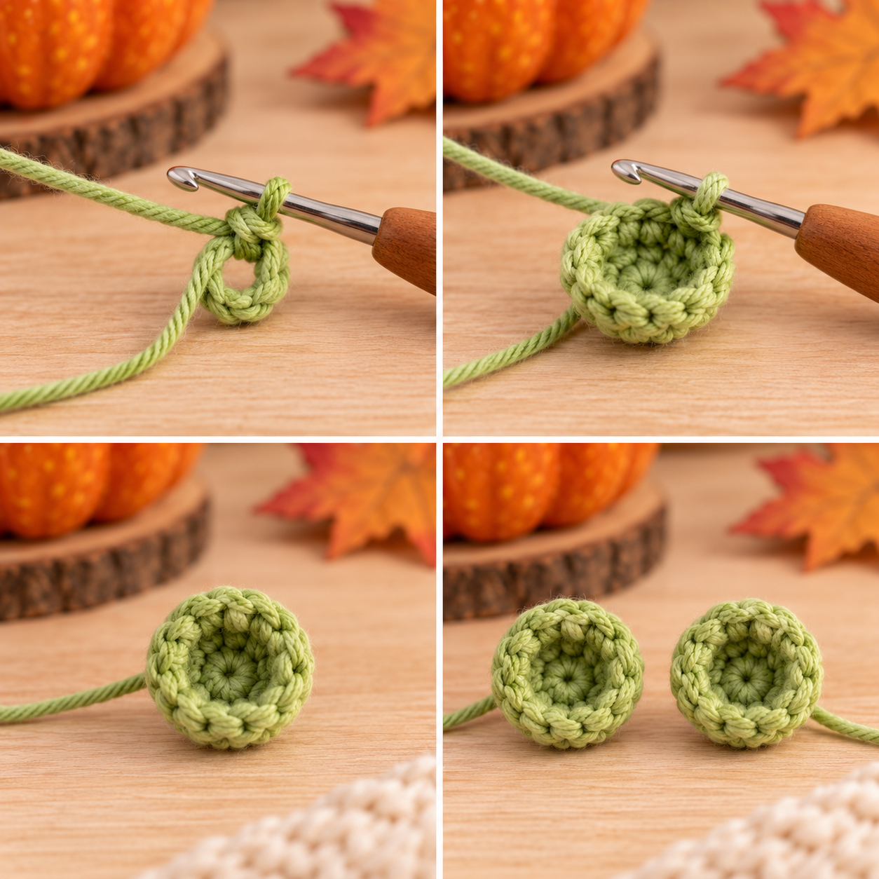 Crocheting two raised green eye bumps for the frog