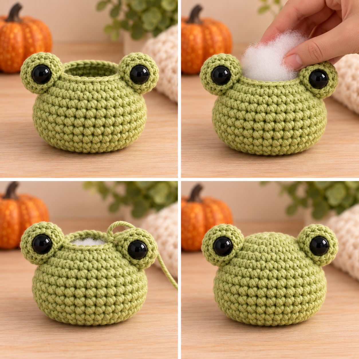 Stuffing and closing the green crochet frog head