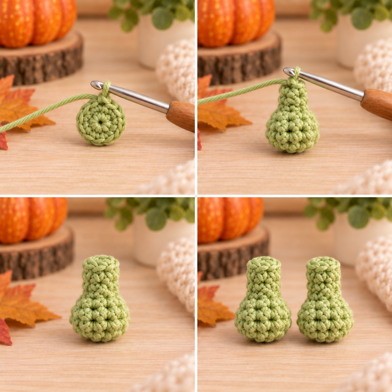 Crocheting two short rounded green frog arms