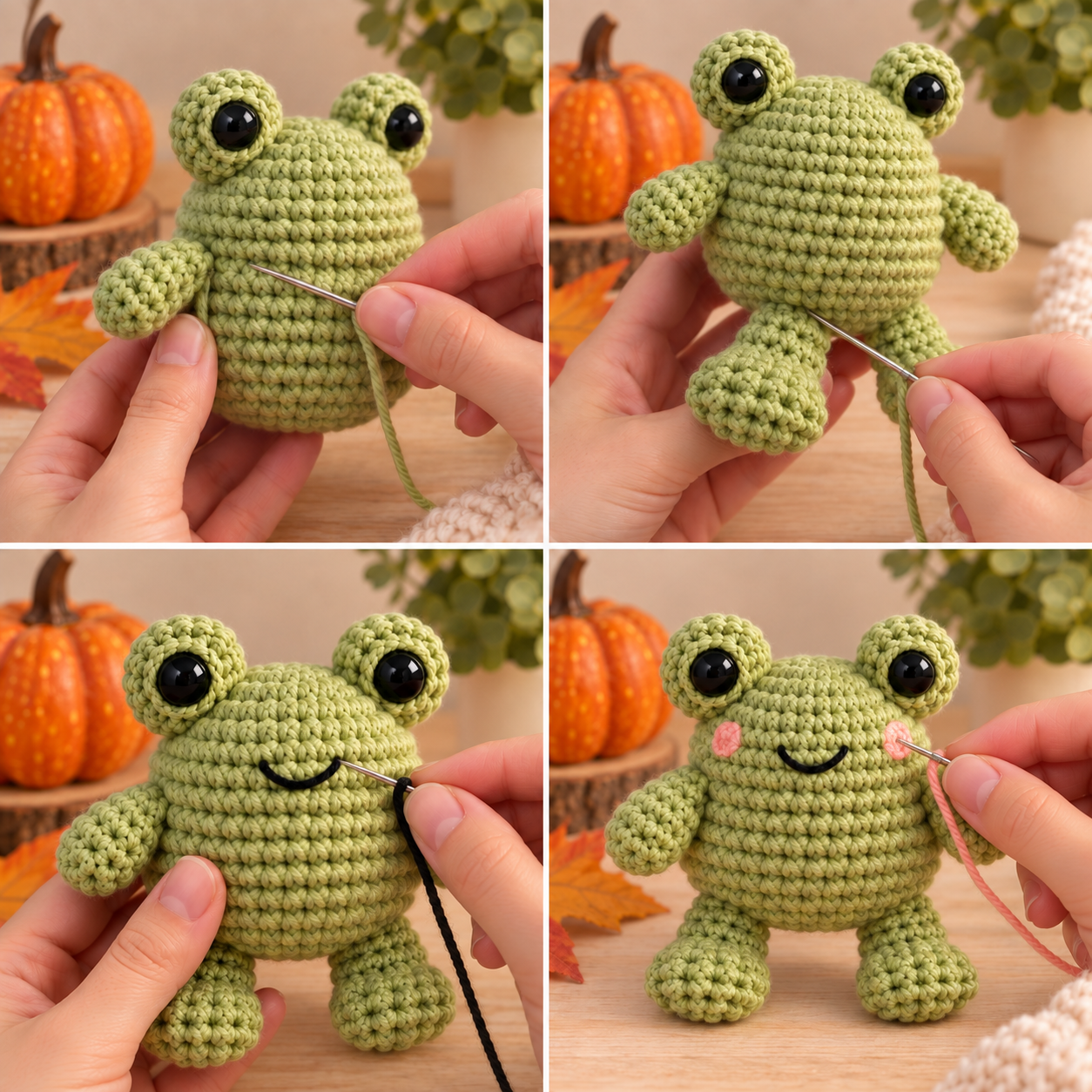Sewing the frog limbs and embroidering the smile and pink cheeks