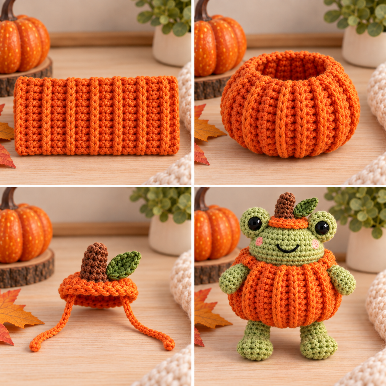 Crocheting the removable pumpkin topper with brown stem, green leaf and ties