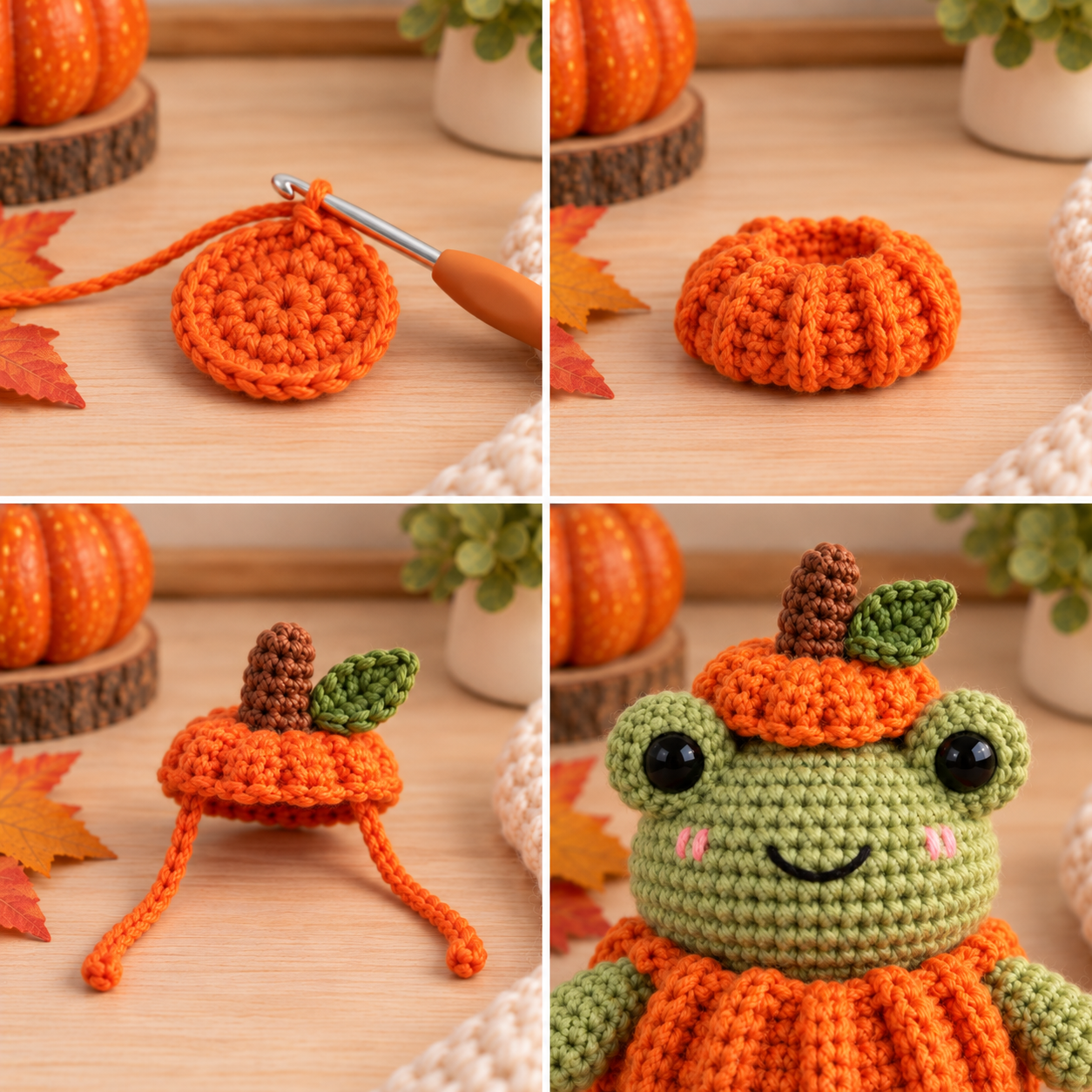 Making the ribbed orange pumpkin costume and dressing the crochet frog