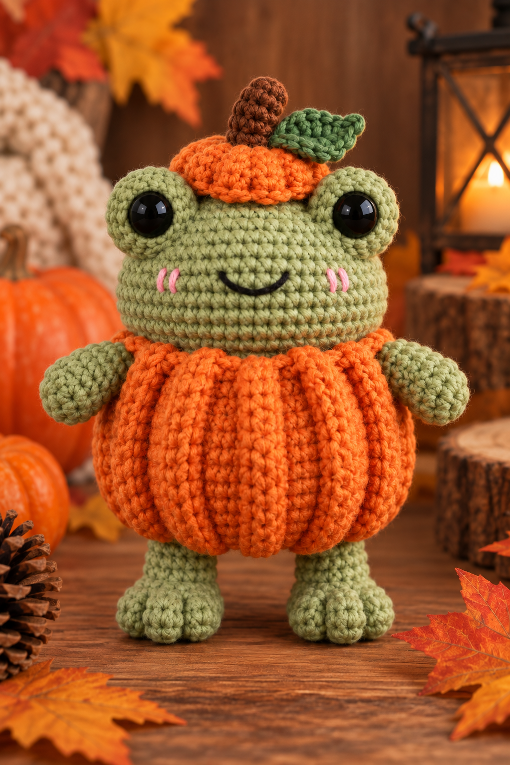 Finished pumpkin frog crochet pattern wearing a removable orange costume