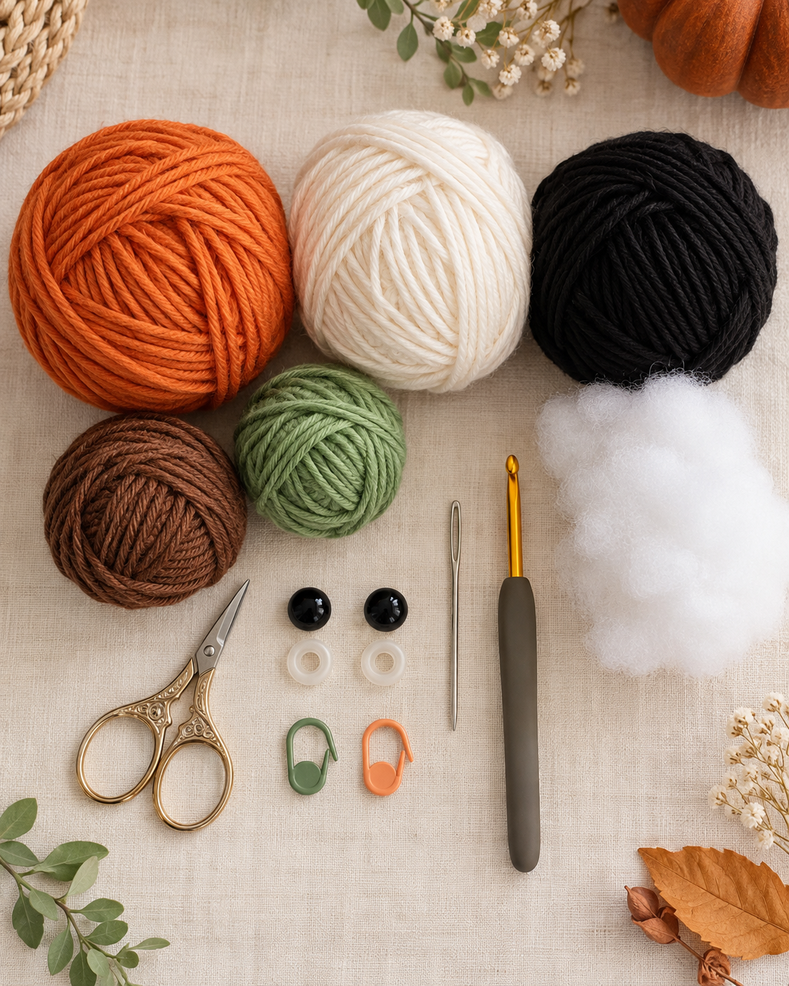 Materials for a pumpkin panda crochet pattern with orange, black, cream, brown and green yarn