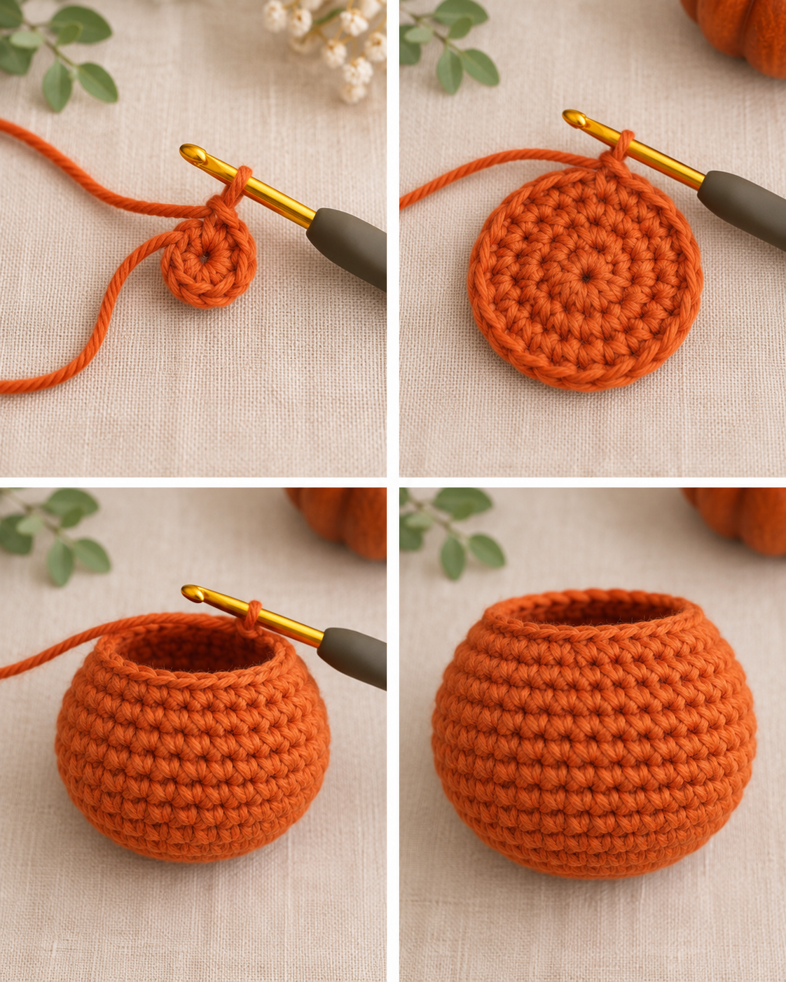 Four stages of crocheting the orange pumpkin body