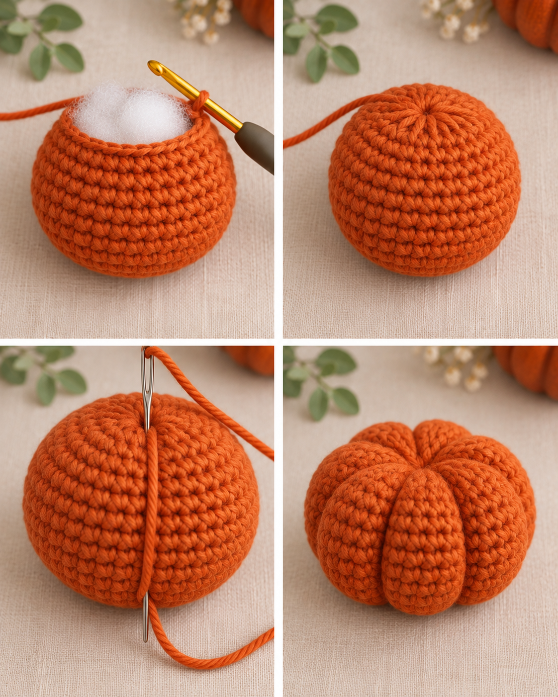 Closing and sculpting six ribs into the stuffed crochet pumpkin