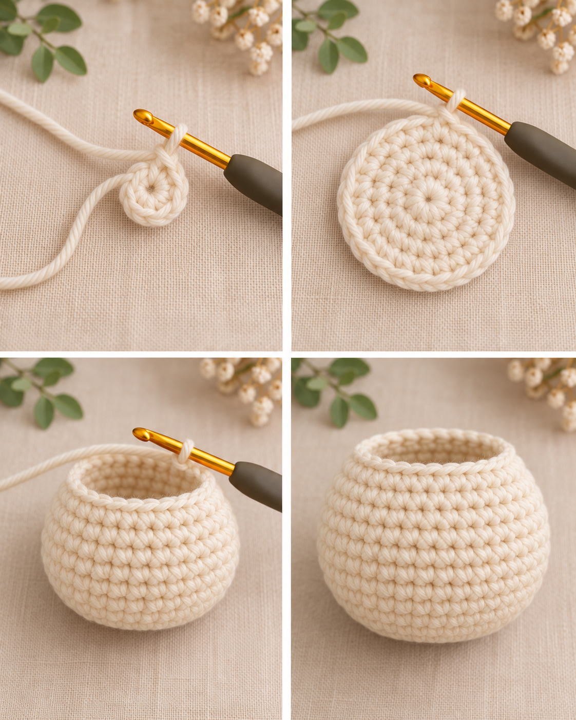 Four stages of crocheting the cream panda head before adding the face