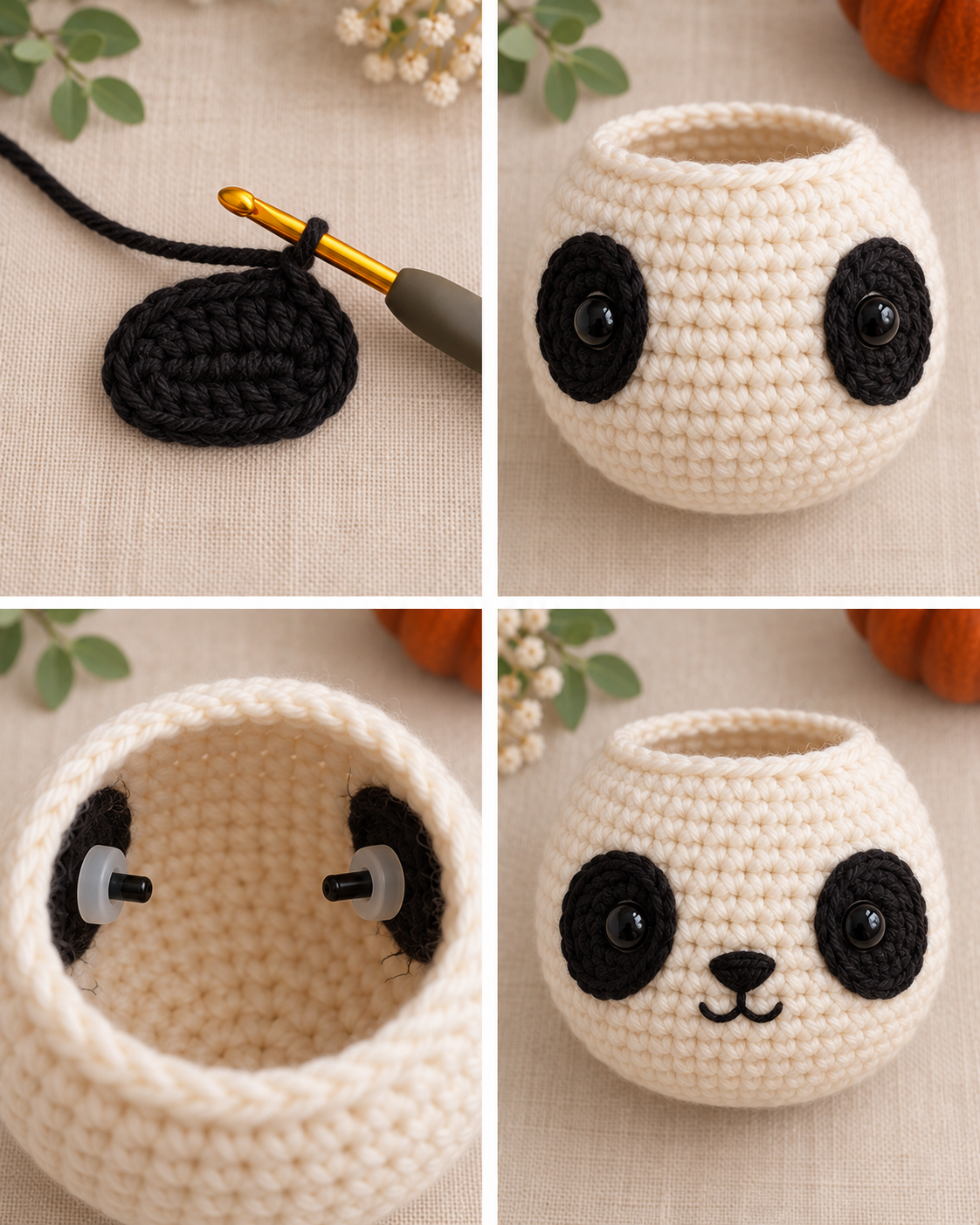 Making the black eye patches and installing the panda face and safety eyes