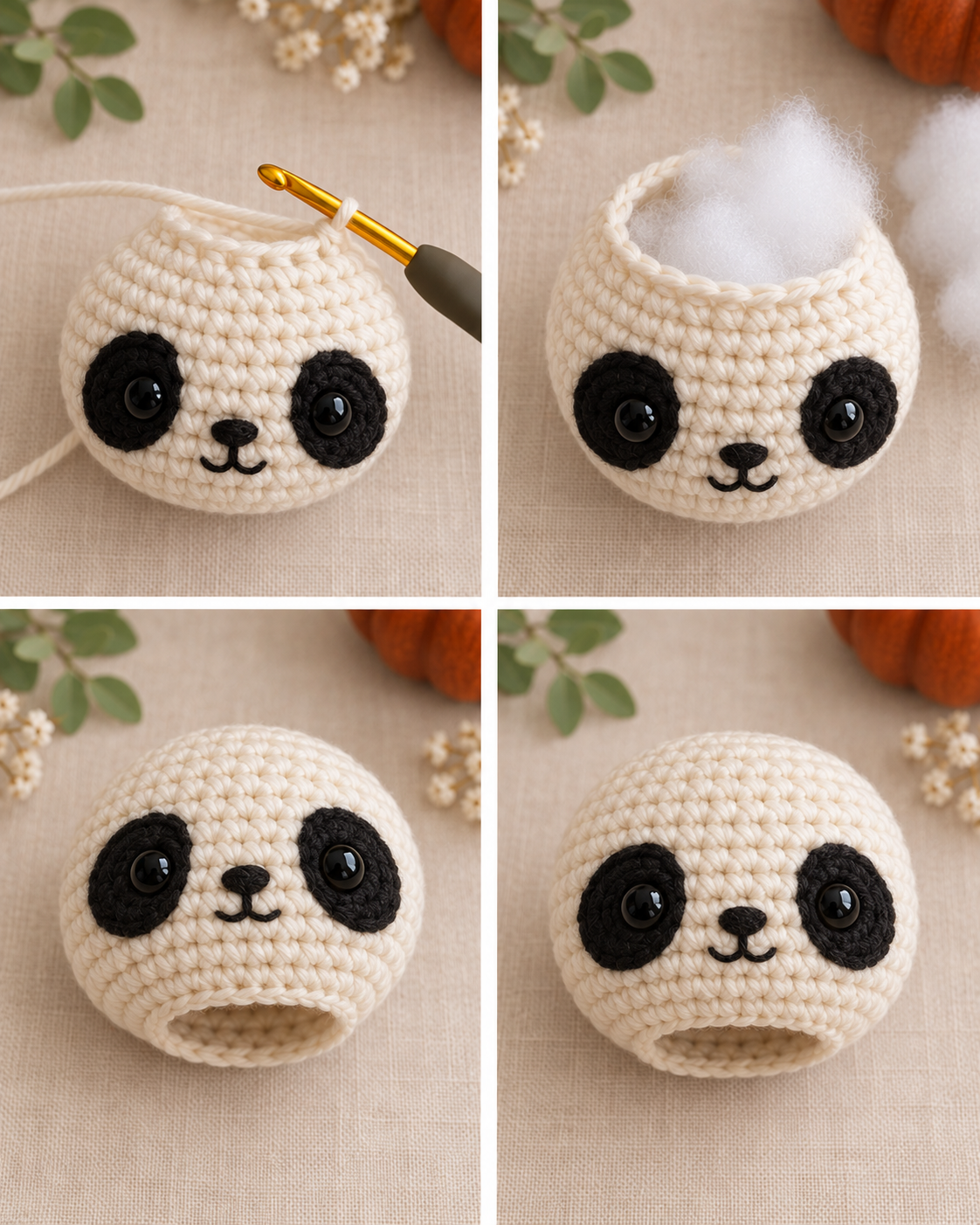 Stuffing and shaping the panda head while leaving the base open for assembly