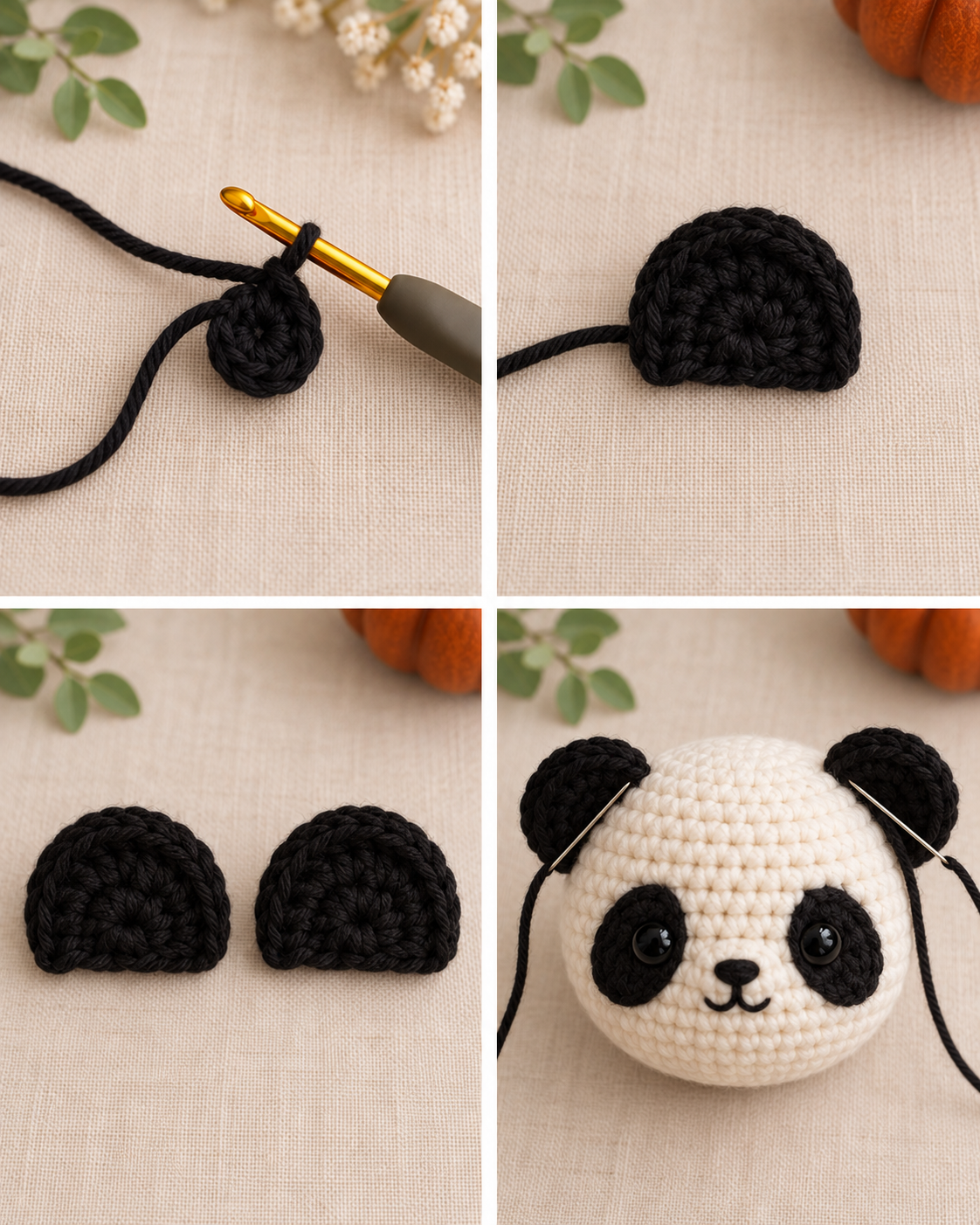 Crocheting and attaching two black panda ears