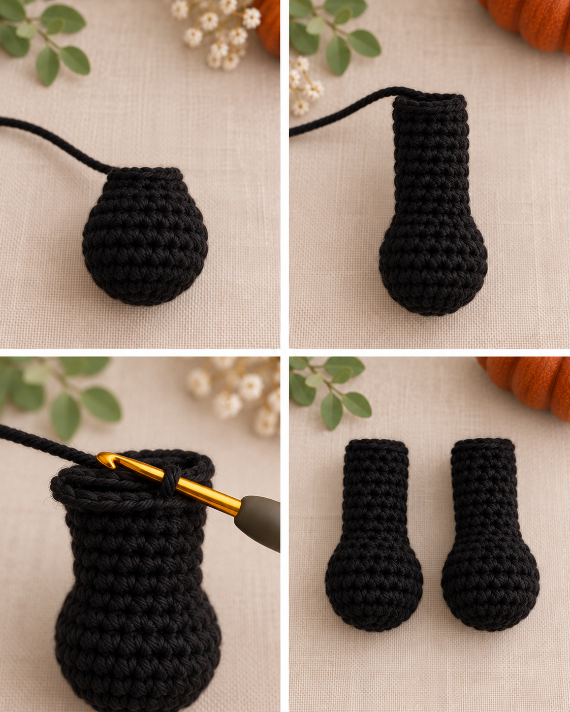 Crocheting two black panda arms and closing the flattened tops through both layers