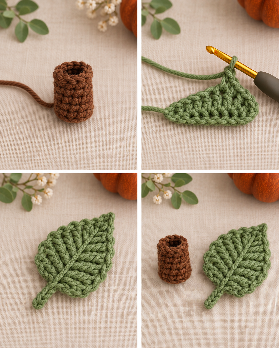 Crocheting the brown pumpkin stem and flat green leaf