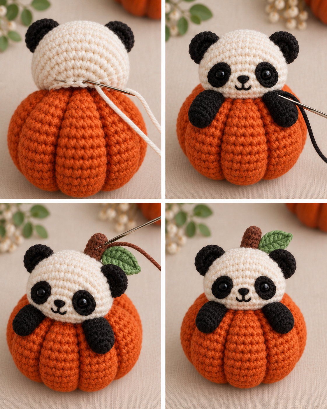 Attaching the panda head, arms, stem and leaf to the crochet pumpkin