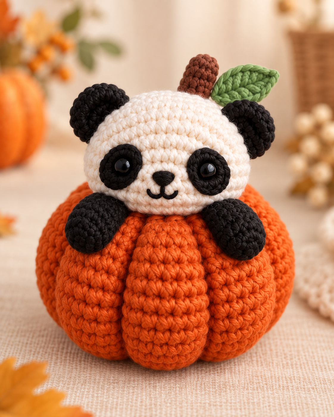 Finished pumpkin panda crochet amigurumi sitting in a ribbed orange pumpkin